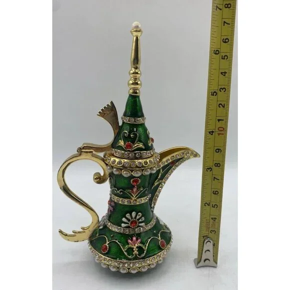 Signed Qifu Green Enamel Jeweled Arabian Nights Trinket  Stash Ring Vanity Box - Picture 12 of 12